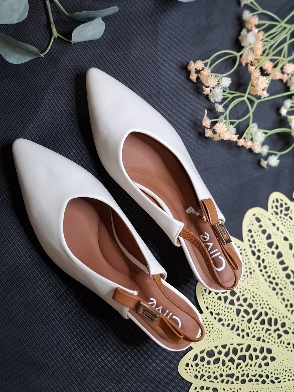 White Pointed Slingback Flats with Tan Accent - Picture 2 of 8